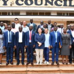 Director General Mula Anthony, Mayor Jinja City Kasolo Peter, Goodwill Ambassador Si-Chuan -Uganda Cooperation Shu Xiao Li in Group photo with Jinja City leaders on Wednesday at Jina City Hall( Credit : Donald KIriya)