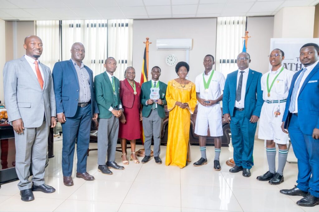 Rt. Hon. Rebecca Kadaga (center) with a delegation of students from the Eurasian Schools Debating Championship (ESDC) 2026, joined by Mula Anthony,  during a courtesy visit to her office in Kampala.PHOTO/Bishop