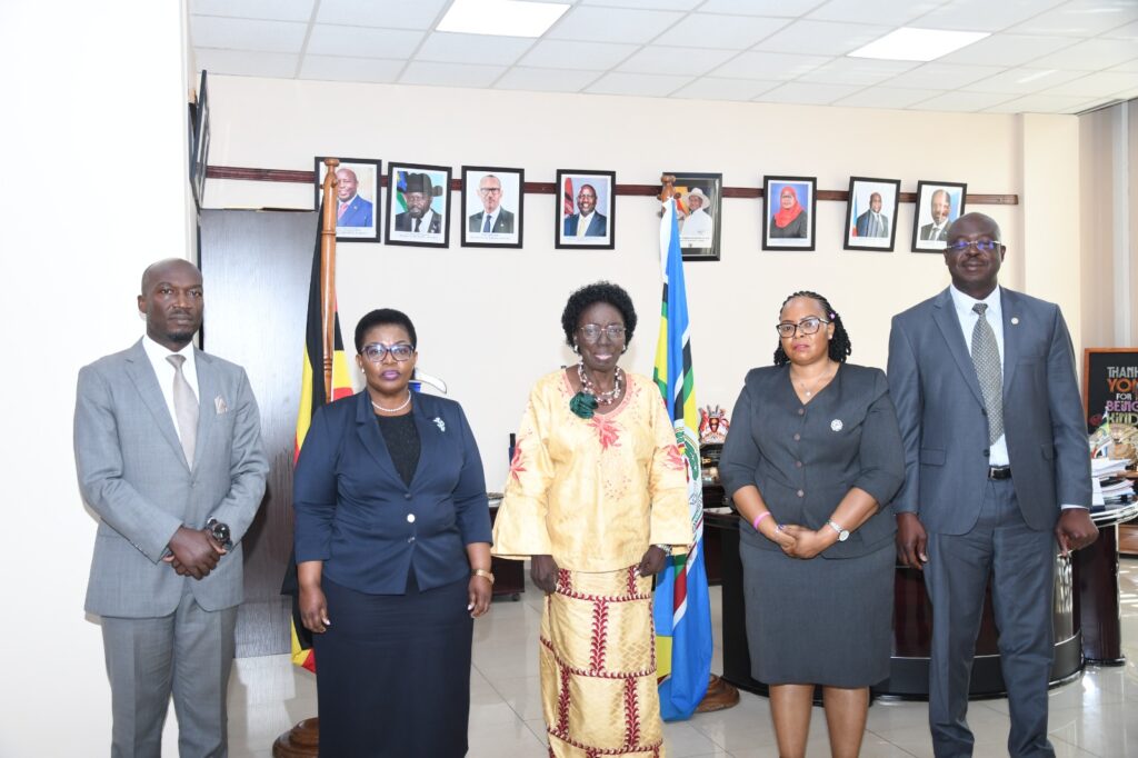 Rt.Hon.Rebecca Kadaga(C) Rt. Hon. Justine Kasule Lumumba(R) Hon. Princess Persis Namuganza (L)Dr. Mula Anthony(DG/ BCD) Mr. Genda Walala (Dir/Finance) after  Special Ministerial Meeting held at Kingdom Kampala