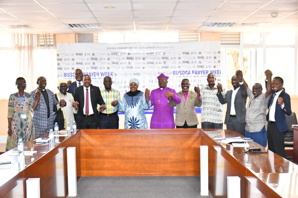 Rt. Hon. Rukia Isanga Nakadama at the launch of the 4th Edition of Busoga Prayer Week 2026 at the Civil Service College, Jinja, alongside religious, cultural, political, and development leaders from across Busoga.
